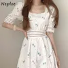 Haft Hollow Out Sukienka Kobiety Koreański Chic Kołnierz Kołnierz Rękaw Suknie Femme Moda Slim Słodka Vestidos 210422