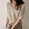 カシミヤのシャツファッション半袖ディープVセータースプリングレディースブラウス夏のオフィストップブルスマザー13888 210508