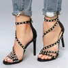 Handmade Classic British Style Womens High Heel Sandals Rivets Spikes Open-toe Evening Club Party Prom Fashion Summer Black Shoes D569