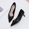 Spring Women Shoes High Heels 4.5CM Ladies Design Metal Buckle Point Toe Work Soft Leather Thin Heel Pointed Toe Pumps 210520