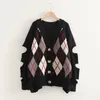 H.SA Dames Argyle Cardigans V-hals Gebroken gat Breien Lange Sweater Jas Koreaanse Mode Oversized Knit Slanke Sweaters 210417