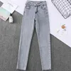 Höst Casual Dubbelbröst Solid Hög Midja Penna Jeans Kvinnor Slim Fit Stretch Denim Byxor Lång längd 210423