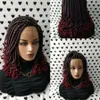 Ombre Red Short Box Braids Wig With Curly Tips Synthetic Fully Handmade Braided Lace Front Wigs For Black Women