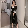 Lady 2021 Kpop Slash Neck Retro Elegant Black Dress Slim Chic Long-Sleeved Women Sexig Autumn Winter Long Dresses S-XL Casual