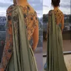 2021 Arabic One Shoulder Olive Green Muslim Evening Dresses Wear with Cape Long Sleeve Dubai Women Prom Party Gowns Dress Elegant Plus Size Crystal Beads Sexy Back