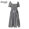 Vierkante kraag korte mouwen plaid zomer jurken vrouwen elegante hoge taille split midi jurk casual vrouwelijke vestidos 210510