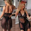 Seks Lingerie Şeffaf Iç Çamaşırı Kadın Pijama Seti Tül Gecelik Derin V Boyun Nighties Çıplak Meme Backless Elastik Knickers Y0911