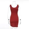 Omsj mulheres vestidos verão sexy tanque sólido vermelho túnica praia sundress bodycon vestido feminino mangas vestidos mini 210517