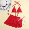JyoJyo Sexy Red 3 Piece Swimsuit Women Bathers Halter Push Up Bikini With Pleated Skirt 2021 Summer Bathing Suit Beach Wear Women's Swimwear