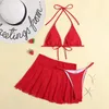 Jyojyo Sexy Vermelho 3 Peça Swimsuit Mulheres Bathers Halter Push Up Bikini com Saia Plissada 2021 Verão Banheira Terno Praia Desgaste Mulheres Swimwear