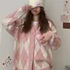 Argyle Cardigan Vrouwen Gebreide Sweater Losse Single Breasted Studenten V-hals Mooie Knitwear Koreaans Oversize Vest Winter Tops 210918