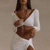 Casual Dresses Fashion Sexy Crop Top Side Split Long Skirts Two Piece Set Women Twist One Shoulder 2 Sets Summer White Party Clothes 2021