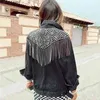 Boho inspirowane nabijane bohing frędzle kurtka dżinsowa dla kobiet Vintage czarna drelichowa kurtka z długim rękawem odzieżą wierzchnią kobiet 210922