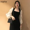 Mesh Patchwork Puff Sleeve Velvet Klänning Koreanska Ins Eleganta Klänningar Kvinnor Sexig Square Collar Slim Fit Vestidos 1h086 210422