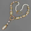 YYING Freshwater Cultured White Biwa Pearl Rec Round Pearl Y-Drop Necklace 18.5 X0707