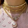 2022 Chunky Chain Round Spring Clasp Pave Crystal Smile Face Red Enamel Heart Evil Eveny Charm Män Kvinnor Hängsmycken Halsband Smycken