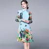 Mode Runway Zomer Elegante Blauwe Jurk Dames Lange Mouw Vintage Jungle Animal Floral Print Mini 210506