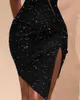 Ninimour Glitter Cut Out Ärmelloses Schlitz, Figurbetontes Kleid Frauen Mode Sexy Eine Schulter Unregelmäßige Nacht Club Party Mini Kleid 210415