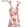 Vintage Summer Flower Print Tie Bow Spaghetti Strap Short Dress Retro Women Wood ear Ruffles Hem Ruched Back Sling Dresses 210429