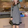 PERHAPS U Women Black And White Pink O Neck Knitted Long Sleeve Buttun A Line Elegant Mini Dress Female Plaid D2050 210529