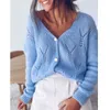Maglioni lavorati a maglia scavati cardigan taglie forti donna casual blu scollo a V oversize streetstyle autunno inverno top 210427