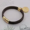 Europe America Fashion Lady Women Round Print Flower Double Deck Design Graved V Letter Box Charm Leather Armband Bangle273N1505442