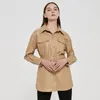 Printemps automne femmes Pu Faux cuir veste col de chemise simple boutonnage manteau Slim Fit épais moyen Long Outwear avec ceinture 210430