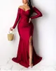 캐주얼 드레스 부르고뉴 슬래시 여성 섹시한 파티 스플릿 드레스 긴 소매 높은 허리 바디 콘 솔리드 컬러 패션