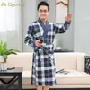 Mens Robe Katoen Lange mouw Nachthond Peignoir Badjas Plaid Bathrobe Bath Kimono Robe Yukata Mens Katoen Nachtkleding Roken 210901