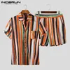Men's Tracksuits INCERUN Summer Men Striped Sets Lapel Short Sleeve Shirt Shorts Casual Streetwear Cotton Beach Mens Hawaiian Suits 2 Pieces