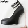 Sorbern Black Platform Genuine Leather Women Shoes No Heels Ankle Strap Heelless Pump Sexy Fetish Wedge