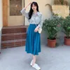 Gentle Vintage Summer Chic Korean All-match A Line High Waist Blue Pleated Skirts Women Slim Yellow Faldas Mujer Fashion 210610