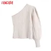 Kadın Moda Bej Büküm Örme Kazak Jumper Kapalı Omuz Kazaklar Chic Tops BE435 210416