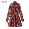 Tangada Women Red Flowers Print Golden Yearn Shirt Dress Bow Neck Long Sleeve Office Ladies Mini Dress SL166 210609