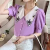 Camicette di chiffon delle donne dell'annata di estate Lady Sweet Peter Pan Collar Puff manica corta Casual Blusas Top 210518