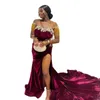 Burgundy Gold Beading Tassel Prom Dresses Appliques Lace Sexy Thigh Split Velvet Evening Gowns Sheer Scoop Neck Robes De Soiree