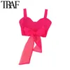 TRAF KVINNOR SEXY FASHION WITH Organza Bow Tied Cropped Sticka Tank Toppar Vintage Backless Wide Straps Kvinna Camis Mujer 210415