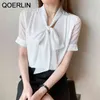 QOERLIN Fliege Hemd Frauen Sommer Mode Kurzarm Süße Casual LaceUp Shirt Top Elegante Büro Damen Hemd Plus Größe 2XL 210412