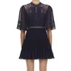 Arrived Summer Hollow Out Lace Splicing Chiffon Dress Female Pleated Self Portrait Navy Blue Short Women 210603