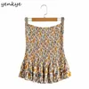 Floral print vakantie boho rok vrouwen elastische hoge taille zoom ruche mini zomer katoen jupe femme 210430