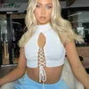 Forefair Women White Sexy Knit Crop Top O Neck Sleeveless Hollow Out Bandage Shirt Fashion Basic Summer Y2k Tank Top Casual 2021 Y0824
