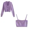 flower embriodery purple cropped cardigan sets women vintage knitted oversized autumn winter mohair sweater cardigan 210415