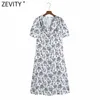 Zevity Women Elegant Pleated V Neck Puff Sleeve Floral Print Casual Slim Midi Dress Femme Back Zipper Vestido Dresses DS8216 210603