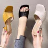 Shoes Woman 2022 Thin Heels Slippers Summer Luxury Slides Med Rubber Flip Flops Heeled Mules Square Toe Pantofle Soft Designer H Y220221