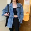 Kvinnors denimjacka Koreansk stil Solid Lapel Långärmad Casual Blå Jacka Outwear Höst Vinter Lösa Jeans Coats Kvinna 210928
