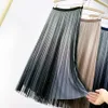 SURMIITRO Spring Summer Korean Style 3 Layers Women Shiny Gradient Mesh High Waist Midi Long Tulle Pleated Skirt Female 210712