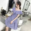 Blue Striped Patchwork Dress For Women V Neck Short Sleeve High Waist Hit Color Mini Dresses Female Summer 210520