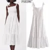 Summer Dress Woman Cutwork Embroidery White Slip Long es Women Casual Tie Up Strap Ruffle Beach Midi 210519