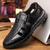 Mens Shoes Genuine Leather Casual Men Loafers Hollow Out Breathable Driving Shoes Slip On Moccasins Summer Beach Sandals