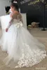 Abiti da ragazza 2021 abito da ballo in pizzo con fiocco ragazza di fiori per matrimonio dolce manica lunga morbido tulle ragazze principessa comunione